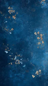Blue textured background with sparse gold floral accents.