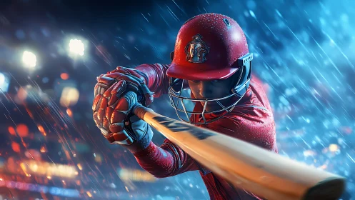 Focused batter swings in the rain under glowing stadium lights.