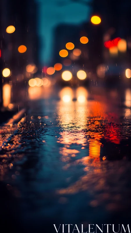 Rainy city street lights reflected in wet pavement at night.