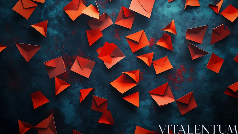 Red origami envelopes scattered on textured teal background.