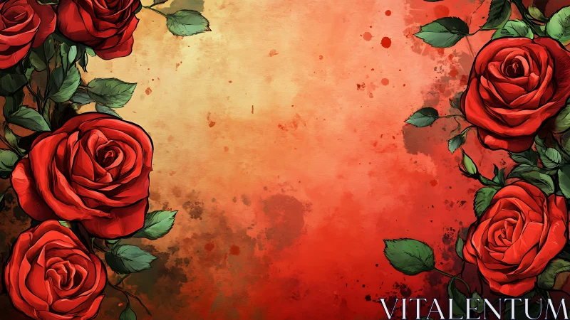 Ornamental Red Roses with Distressed Watercolor Wash Backdrop