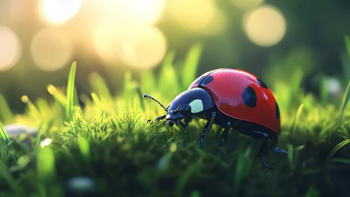 Sunlit ladybug close-up on dewy grass in warm bokeh glow.