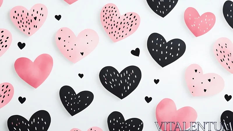 Pink and Black Hearts Dancing on White Canvas.