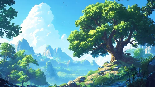 Ancient Tree in Fantasy Valley with Mountains.