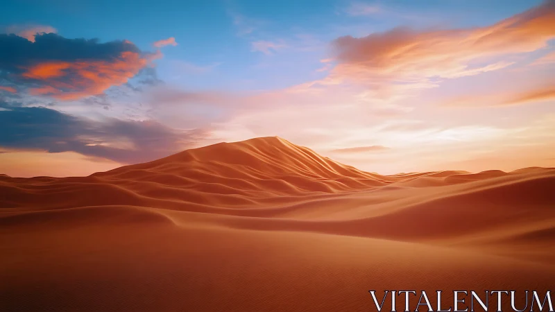 Sunlit desert dunes curve under vivid pastel sunset sky