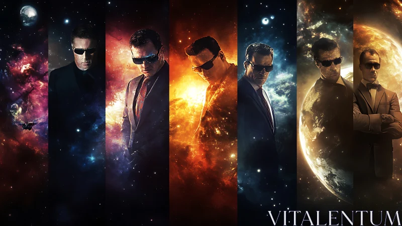 Men in suits aligned with segmented cosmic backdrops.