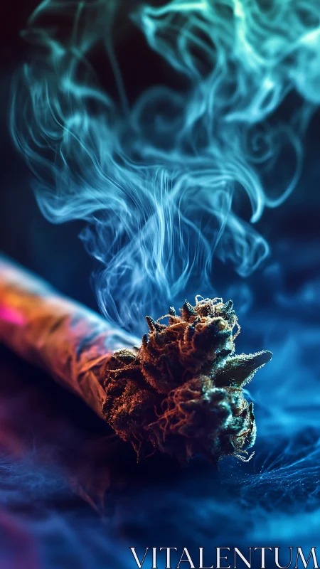 Burning cannabis joint with swirling blue smoke closeup.