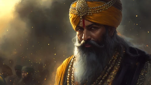Regal warrior in golden turban amid embers and smoke.