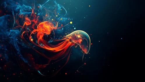 Glowing jellyfish drifts through colorful cosmic waters