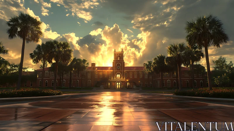 Sunlit campus courtyard before red brick academic hall.