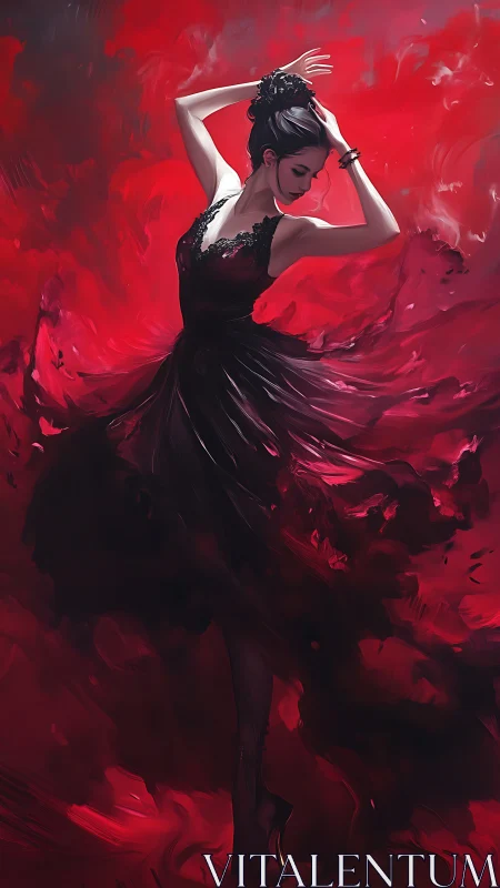 Flamenco dancer rises from swirling crimson shadows.