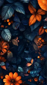 Blue butterfly rests among glowing orange floral foliage