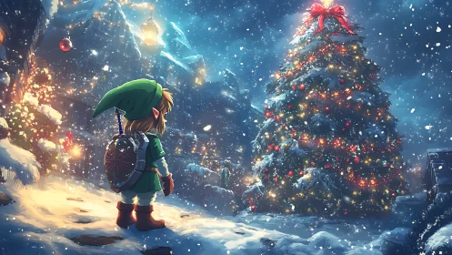 Elf adventurer surveying luminous snowy Christmas tree scene.