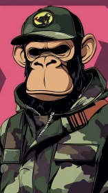 Military chimp portrait in bold camo streetwear style.