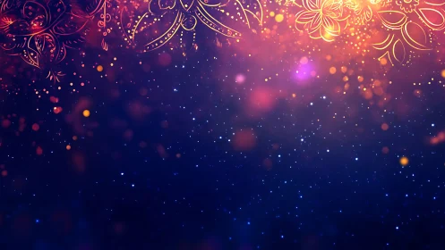 Floral line ornament overlays particle field gradient background