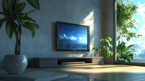 Minimalist living room TV wall uses directional daylight and foliage