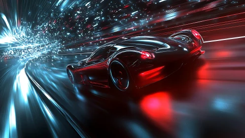 Futuristic electric hypercar in red blue light tunnel at speed