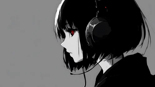 Profile of brooding girl in headphones on muted gray field.
