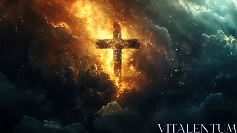 Radiant fiery cross glows gently amid brooding cosmic clouds