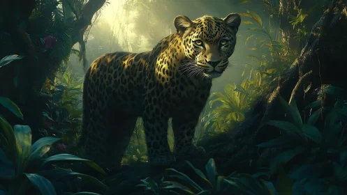 Jungle Leopard Emerging Through Misty Forest Canopy.