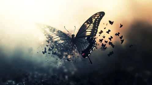 Butterfly disintegration effect in backlit digital artwork.