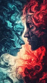 Dual elemental faces entwined in swirling cosmic vapor.