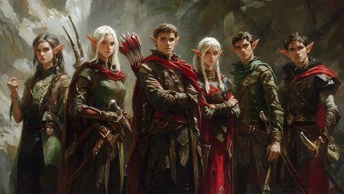 Elven ranger party stands in layered cloaks and tactical armor