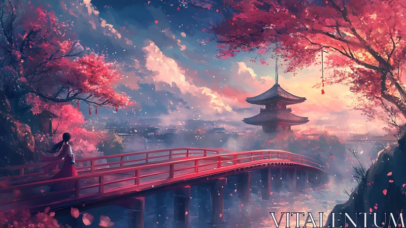 Twilight bridge and temple glow under drifting sakura petals.