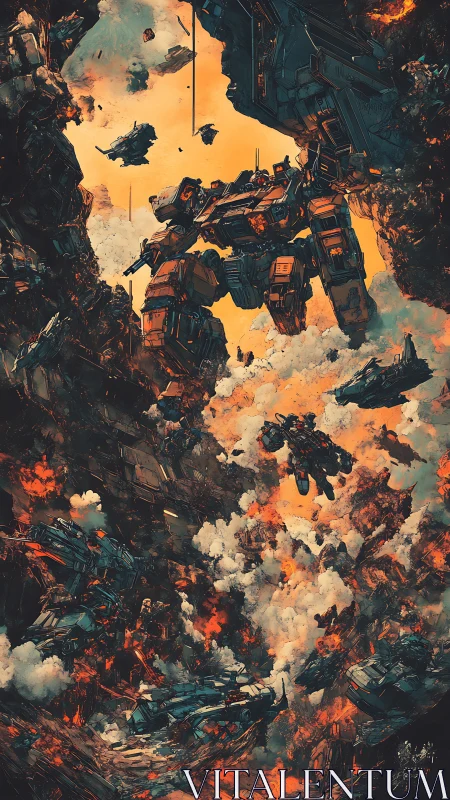 Colossal combat mech descends into blazing war canyon.