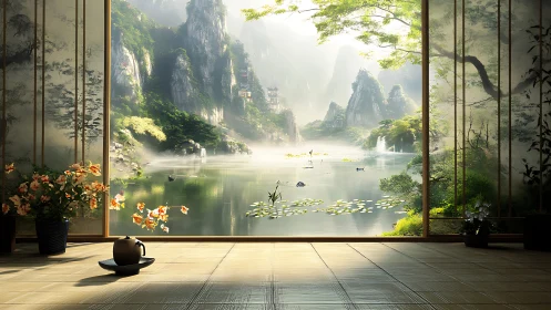 Zen tatami room framing luminous misty mountain lake view.