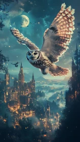 Moonlit owl soars above glowing fantasy citadel skyline.