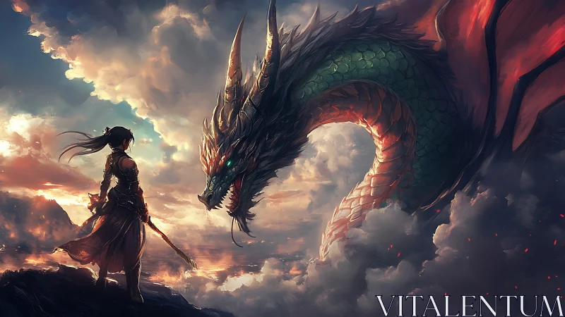 Warrior stands before massive dragon above clouded sea
