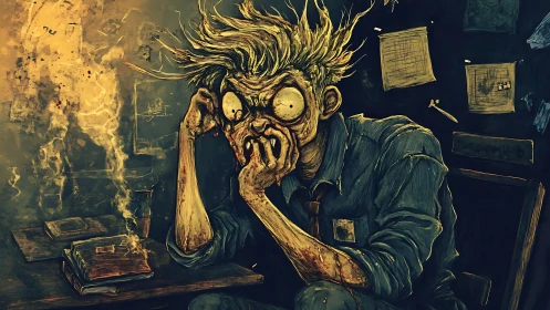 Stressed office worker grips face with exaggerated panic