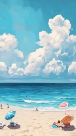 Sunny seaside painting with clouds, umbrellas, and swimmers.
