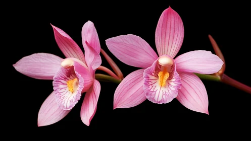 Pink Phalaenopsis Orchid Specimens on Black Background Study