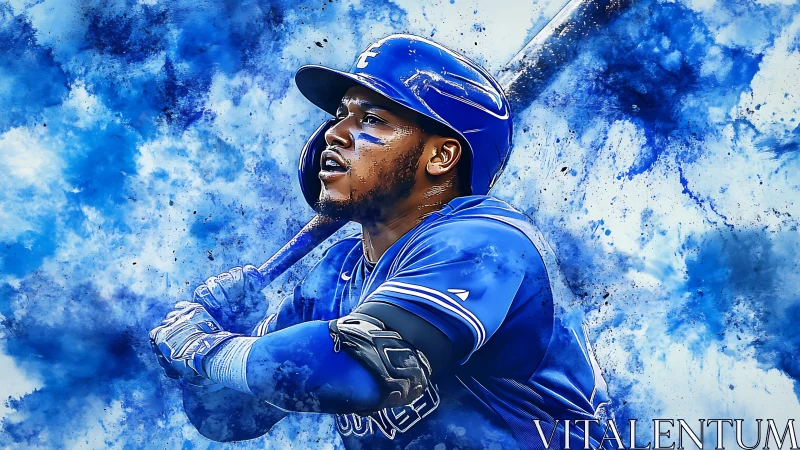 Dynamic blue baseball slugger amid abstract paint clouds.