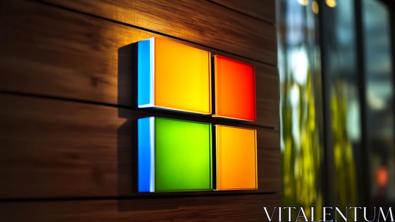 Glowing color window hovers warmly over sleek wooden wall