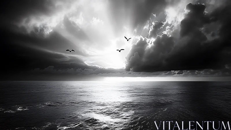 Monochrome seascape with dramatic backlit storm clouds.