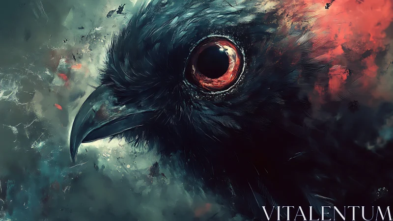 Dramatic close-up of black raven in digital abstract art style.