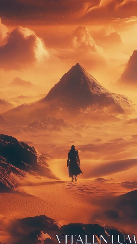 Solitary wanderer crossing molten dunes toward pyramidal peak.