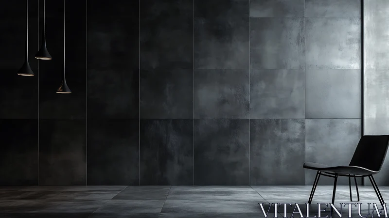 Minimalist interior space with concrete wall panels and pendant lighting