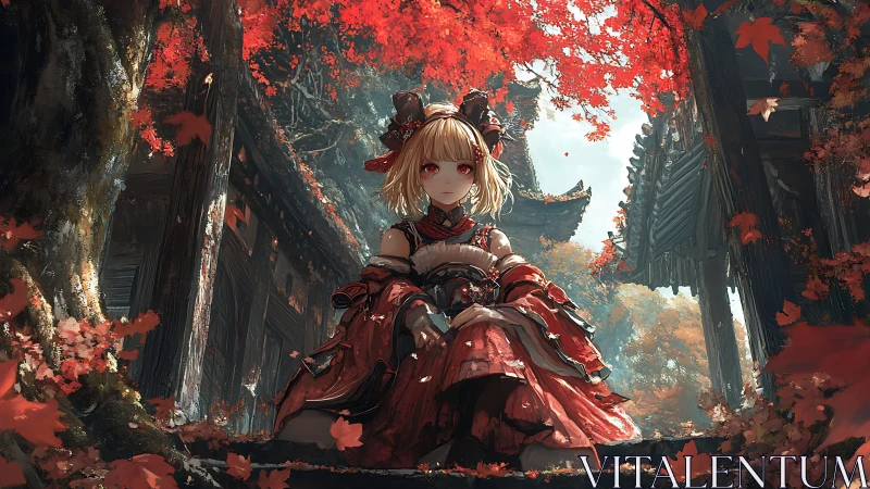 Autumn shrine maiden rests beneath blazing crimson maple canopy.