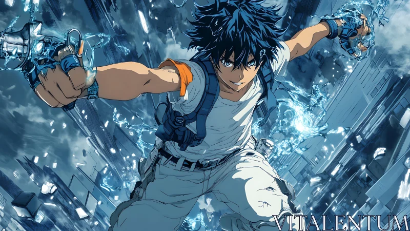 Sky-sprinting storm runner shattering a neon-blue cityscape.