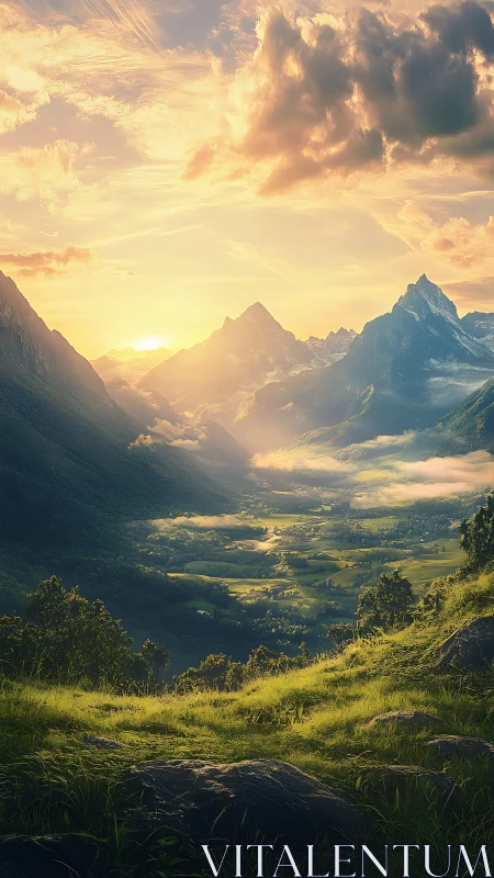 Sunlit valley extends between high mountains at low sunset