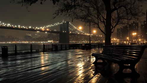 Nocturnal riverside promenade with illuminated suspension bridge.