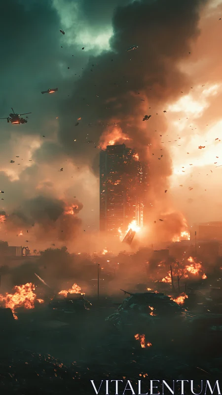 Skyscraper inferno crowned by stormlit ash and war machines.