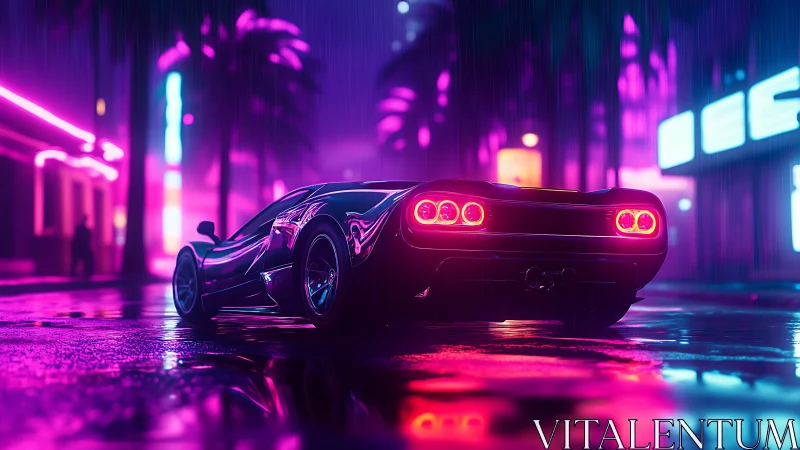 Neon night drive with a sleek supercar and rainy streets.
