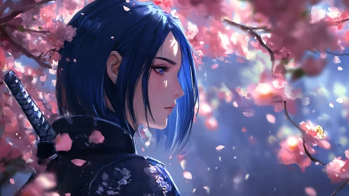 Sakura-lit swordswoman pausing in a quiet spring dream.