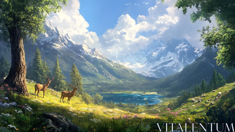 Deer in sunlit alpine valley beside blue mountain lake.