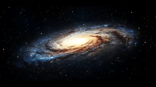 Spiral galaxy glows at center with dense star field around